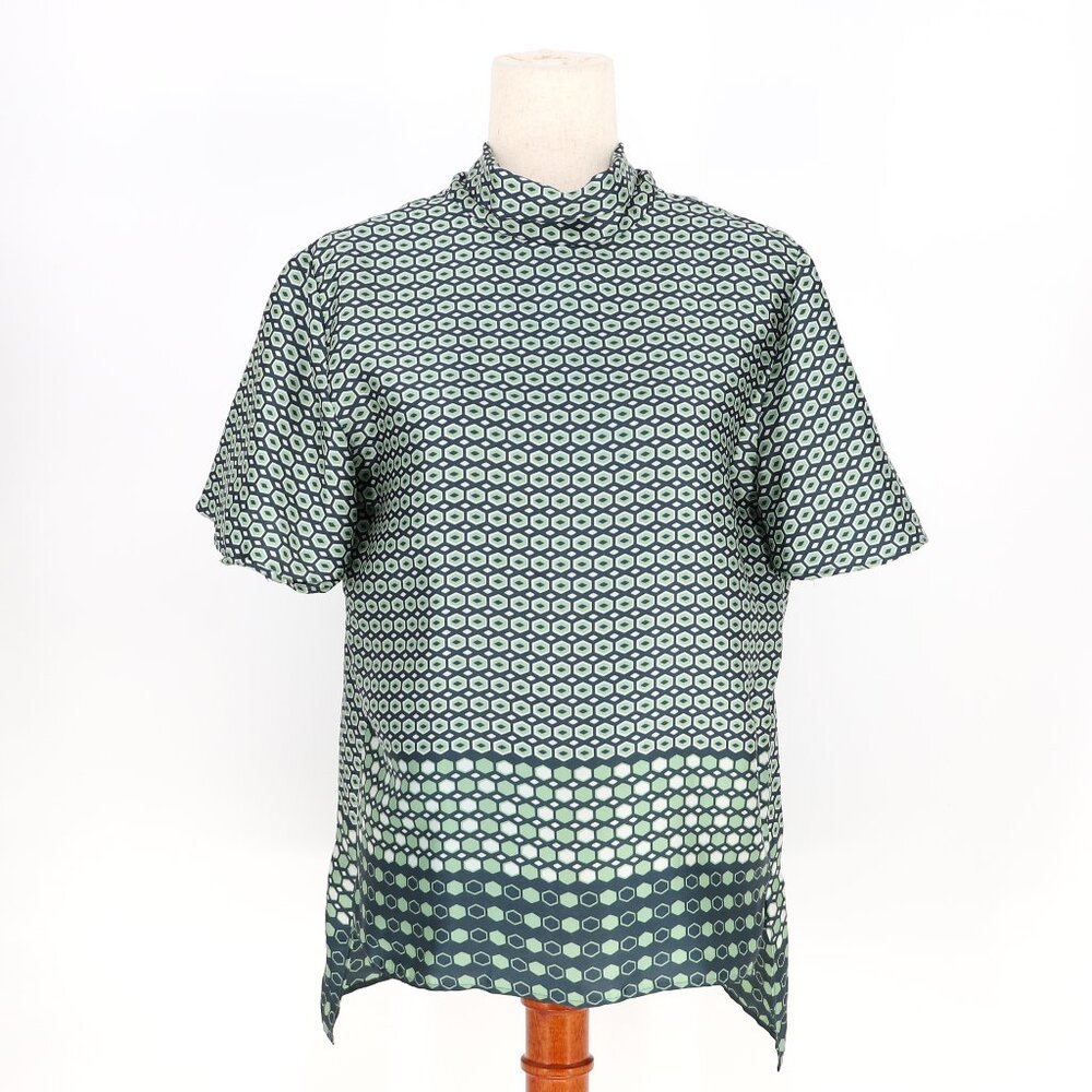 NWT ZARA Tie Neck Green Geometric Abstract Print Blouse Short Sleeve Size S